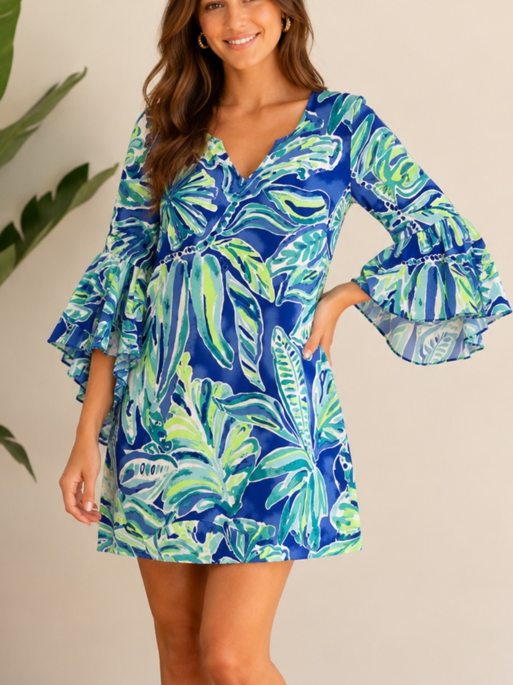 Lilly Pulitzer Blue & Green Tropical Ruffle-Sleeve Dress